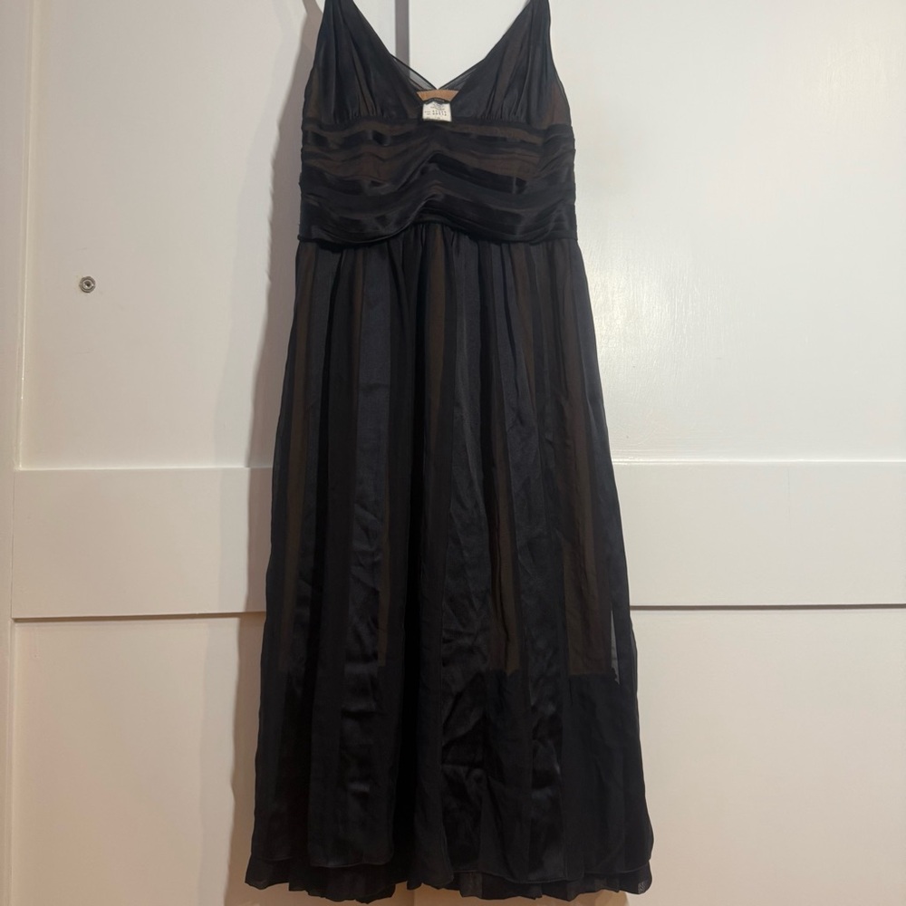 Tufi Duek Vintage 100% Silk Black & Mesh Ruched Bust Midi Dress Size 4-6 - Picture 8 of 10